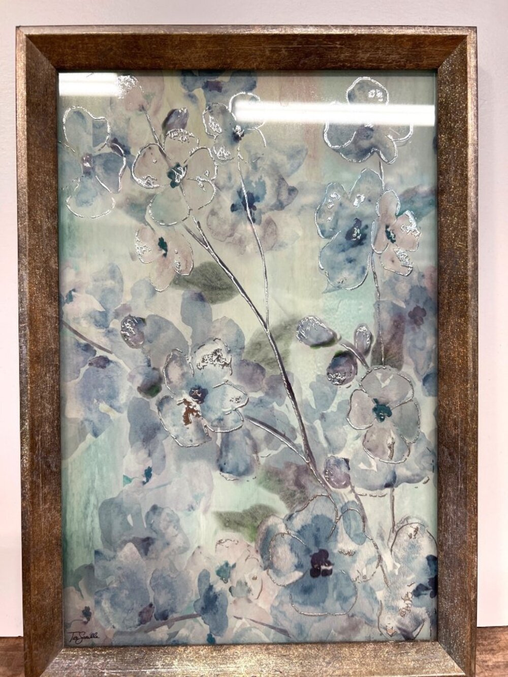 Framed Floral Glass Print With Metallic Accents In Blue & Green Hues Art